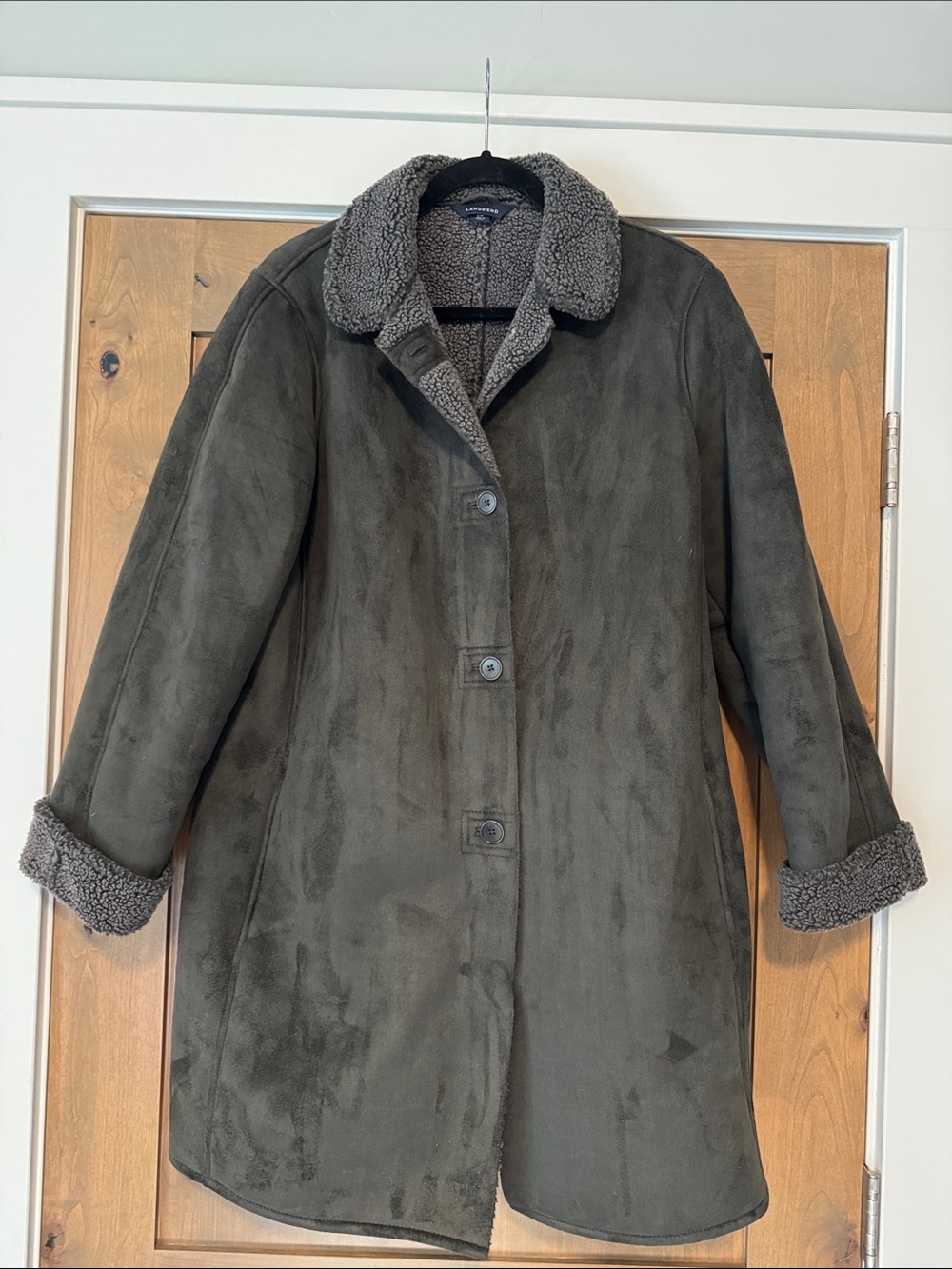LANDS’END Faux Suede Faux Shearling Coat Womens MP Brown Sherpa Lined Warm Cozy